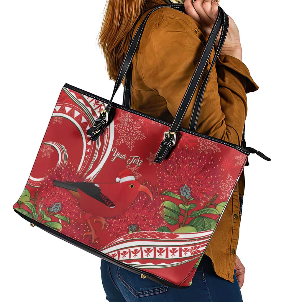 Personalized Mele Kalikimaka Hawaii Leather Tote Bag I'iwi Bird With Ohia Lehua - Red Color LT14 - Polynesian Pride