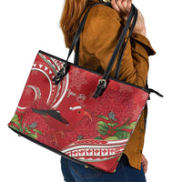Personalized Mele Kalikimaka Hawaii Leather Tote Bag I'iwi Bird With Ohia Lehua - Red Color LT14 - Polynesian Pride