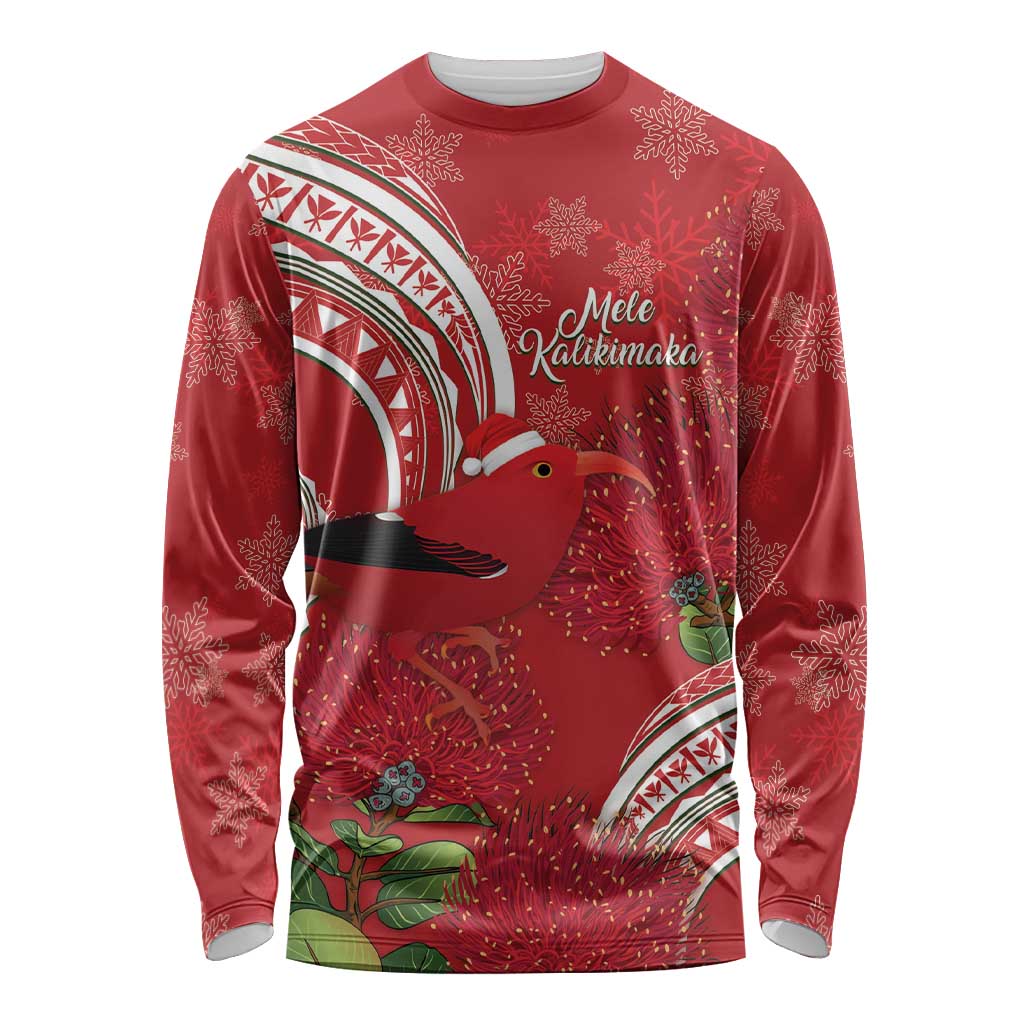 Personalized Mele Kalikimaka Hawaii Long Sleeve Shirt I'iwi Bird With Ohia Lehua - Red Color