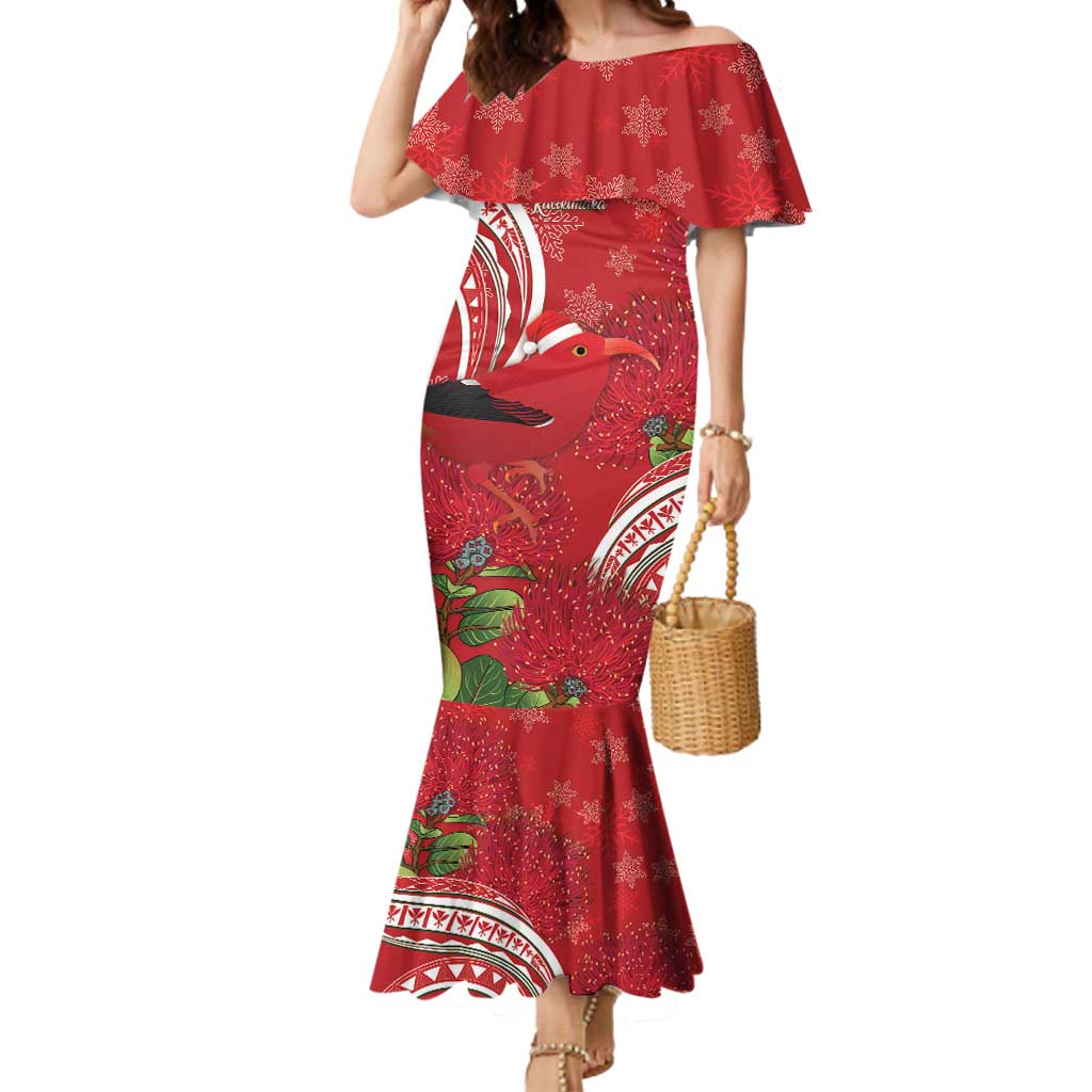 Personalized Mele Kalikimaka Hawaii Mermaid Dress I'iwi Bird With Ohia Lehua - Red Color