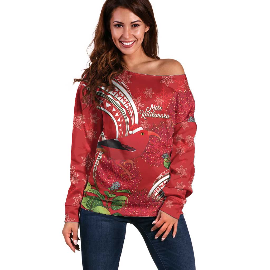 Personalized Mele Kalikimaka Hawaii Off Shoulder Sweater I'iwi Bird With Ohia Lehua - Red Color