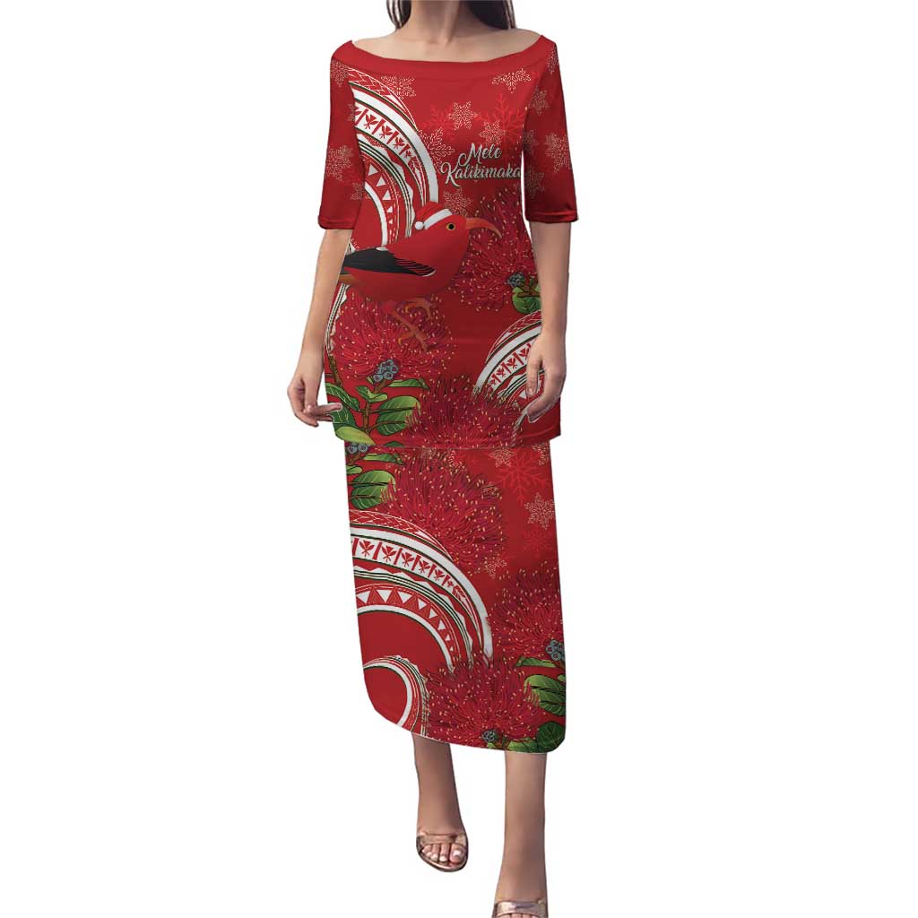Personalized Mele Kalikimaka Hawaii Puletasi I'iwi Bird With Ohia Lehua - Red Color LT14 Long Dress Red - Polynesian Pride