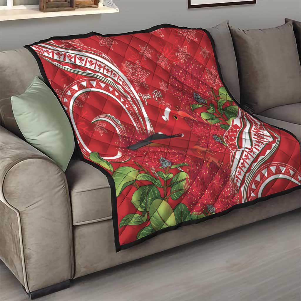 Personalized Mele Kalikimaka Hawaii Quilt I'iwi Bird With Ohia Lehua - Red Color