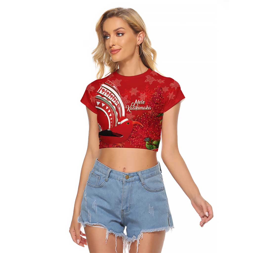 Personalized Mele Kalikimaka Hawaii Raglan Cropped T Shirt I'iwi Bird With Ohia Lehua - Red Color LT14 Female Red - Polynesian Pride