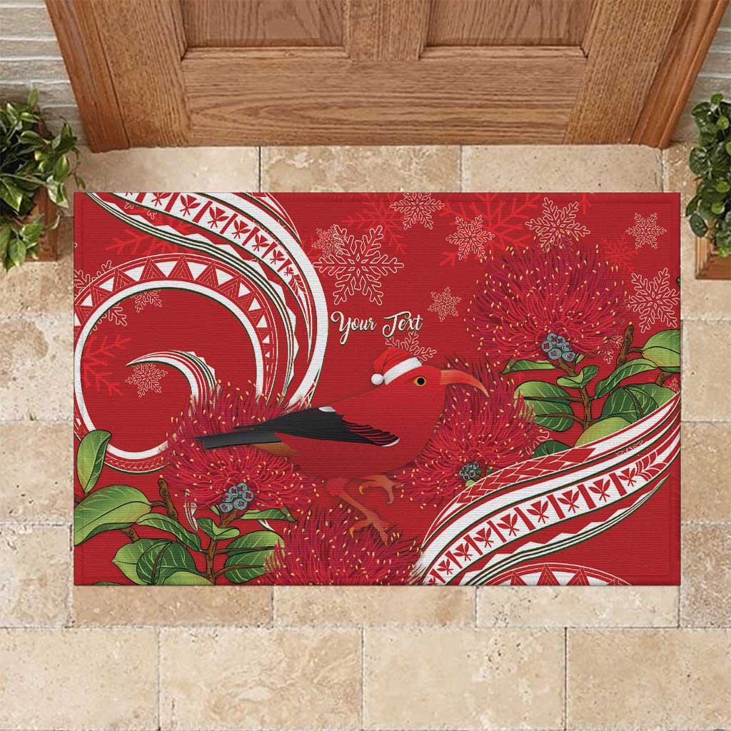 Personalized Mele Kalikimaka Hawaii Rubber Doormat I'iwi Bird With Ohia Lehua - Red Color LT14 Red - Polynesian Pride