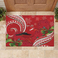 Personalized Mele Kalikimaka Hawaii Rubber Doormat I'iwi Bird With Ohia Lehua - Red Color LT14 Red - Polynesian Pride