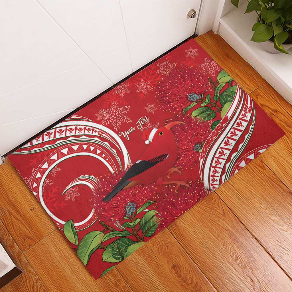 Personalized Mele Kalikimaka Hawaii Rubber Doormat I'iwi Bird With Ohia Lehua - Red Color LT14 - Polynesian Pride