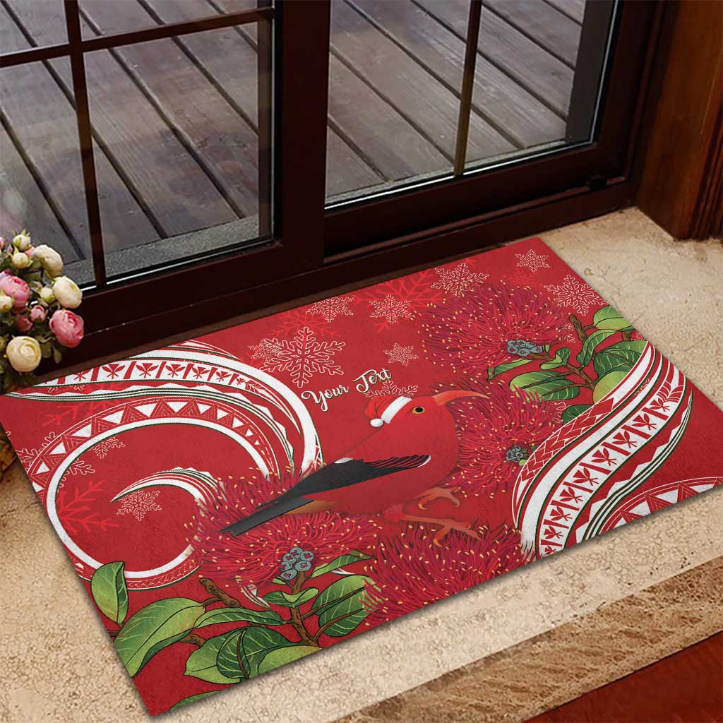 Personalized Mele Kalikimaka Hawaii Rubber Doormat I'iwi Bird With Ohia Lehua - Red Color LT14 - Polynesian Pride