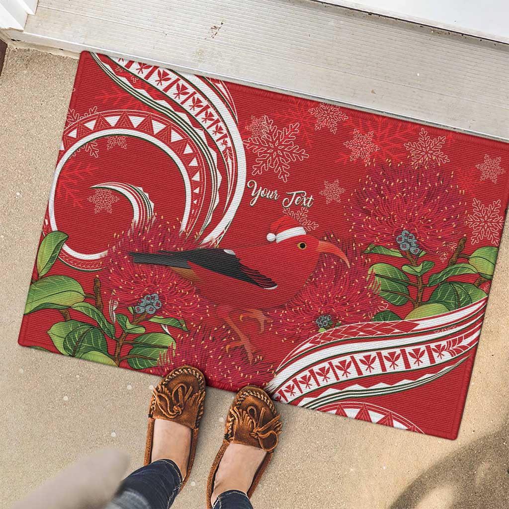 Personalized Mele Kalikimaka Hawaii Rubber Doormat I'iwi Bird With Ohia Lehua - Red Color LT14 - Polynesian Pride