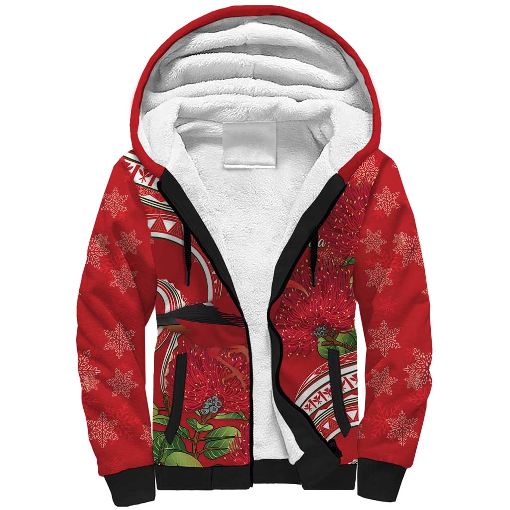 Personalized Mele Kalikimaka Hawaii Sherpa Hoodie I'iwi Bird With Ohia Lehua - Red Color