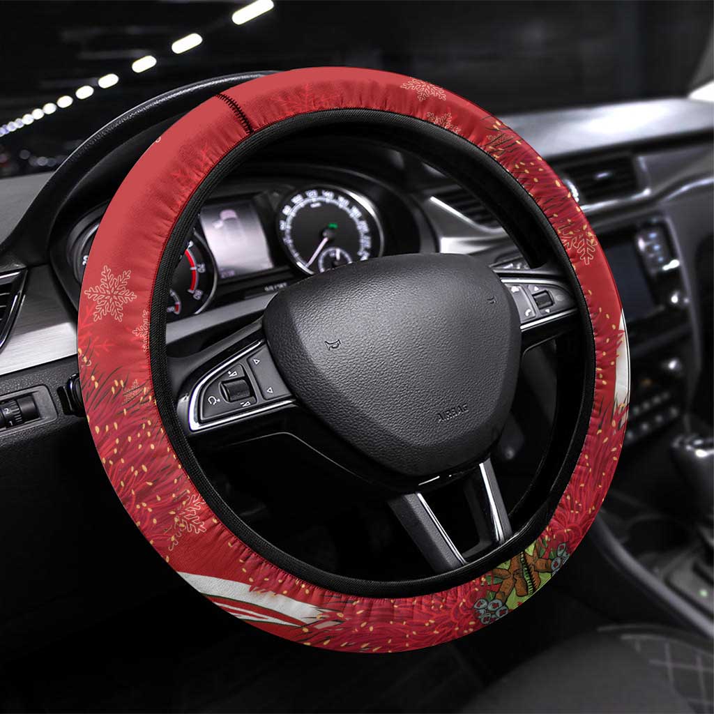 Mele Kalikimaka Hawaii Steering Wheel Cover I'iwi Bird With Ohia Lehua - Red Color LT14 Universal Fit Red - Polynesian Pride
