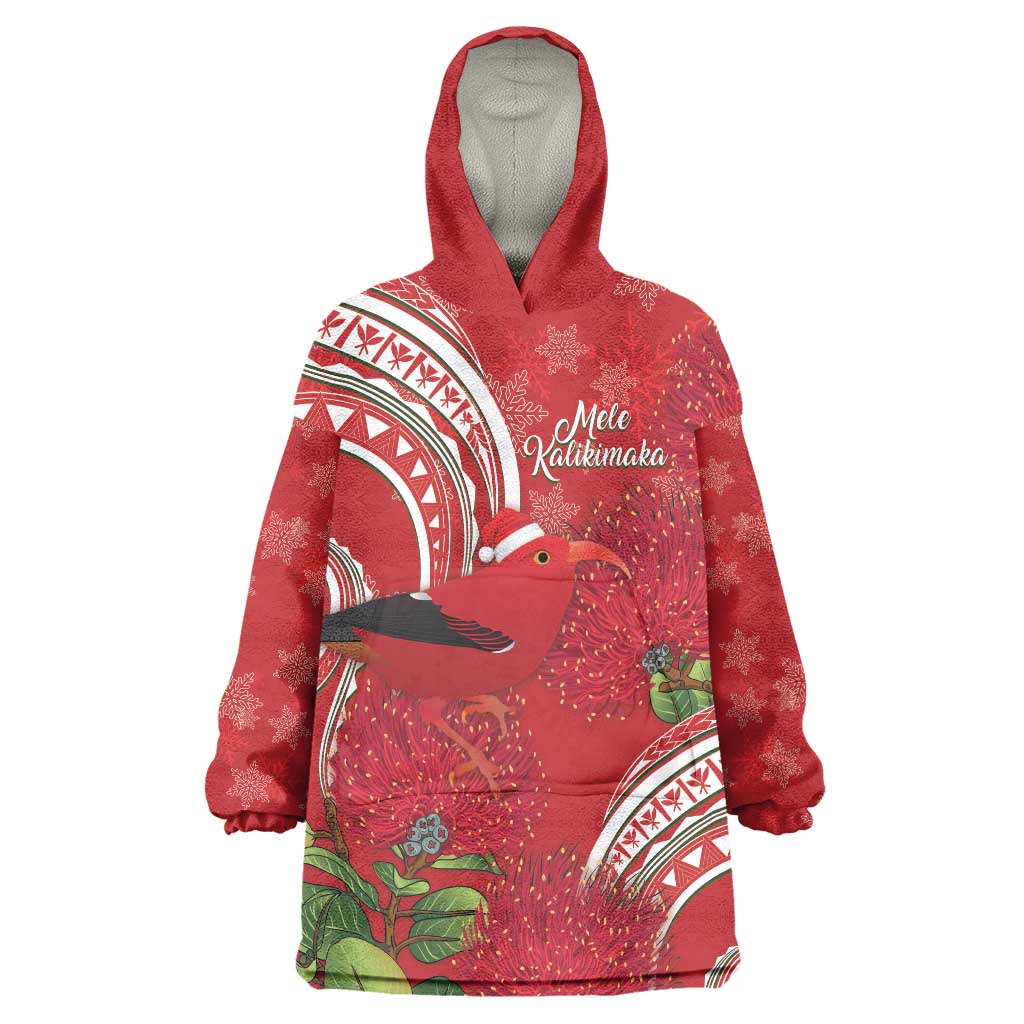 Personalized Mele Kalikimaka Hawaii Wearable Blanket Hoodie I'iwi Bird With Ohia Lehua - Red Color LT14 One Size Red - Polynesian Pride