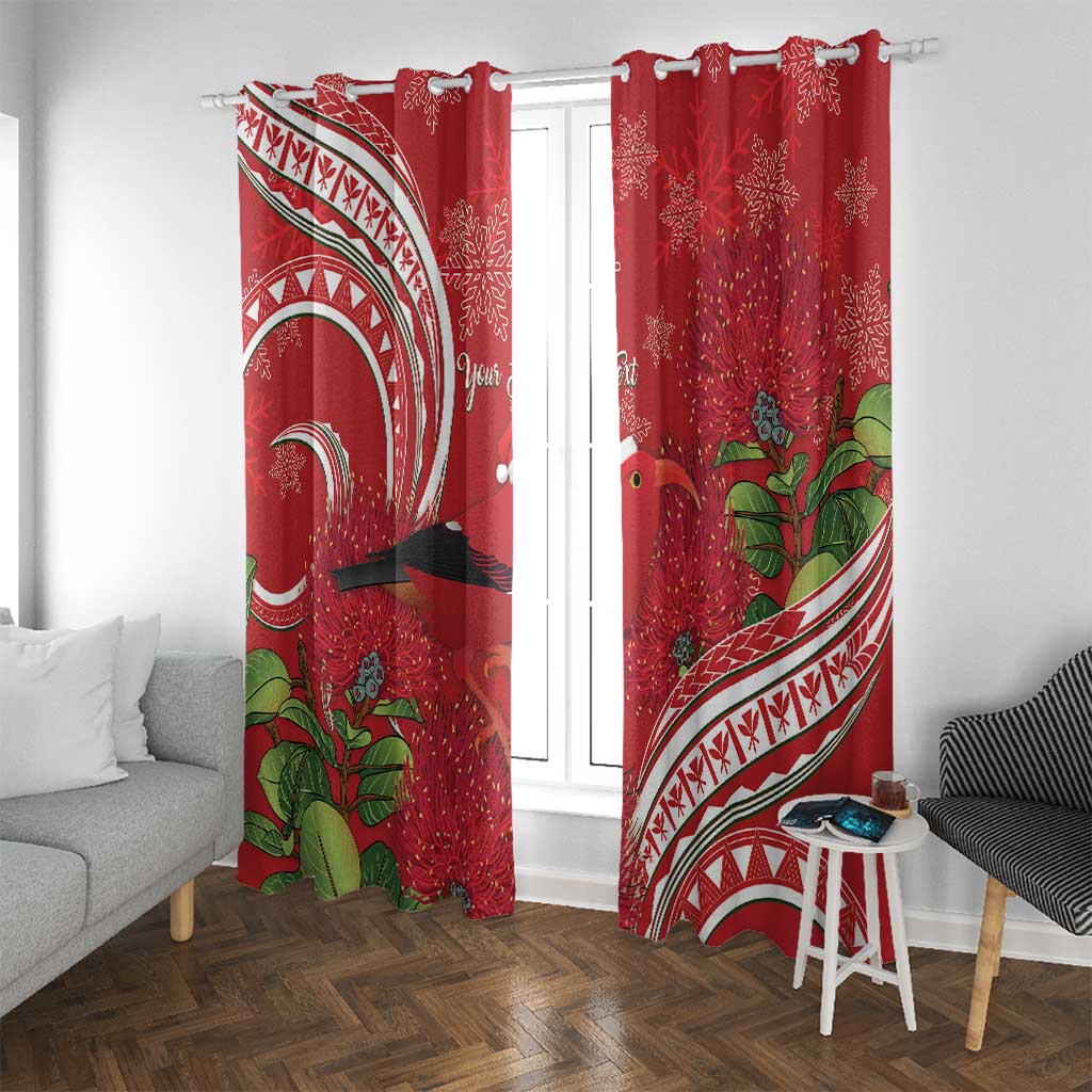 Personalized Mele Kalikimaka Hawaii Window Curtain I'iwi Bird With Ohia Lehua - Red Color LT14 With Grommets Red - Polynesian Pride