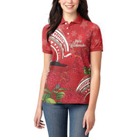 Personalized Mele Kalikimaka Hawaii Women Polo Shirt I'iwi Bird With Ohia Lehua - Red Color
