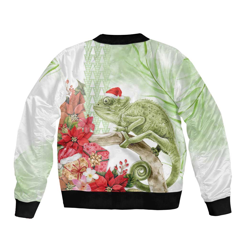 Pastel Green Hawaii Chameleon Christmas Bomber Jacket Mele Kalikimaka Kakau - Watercolor