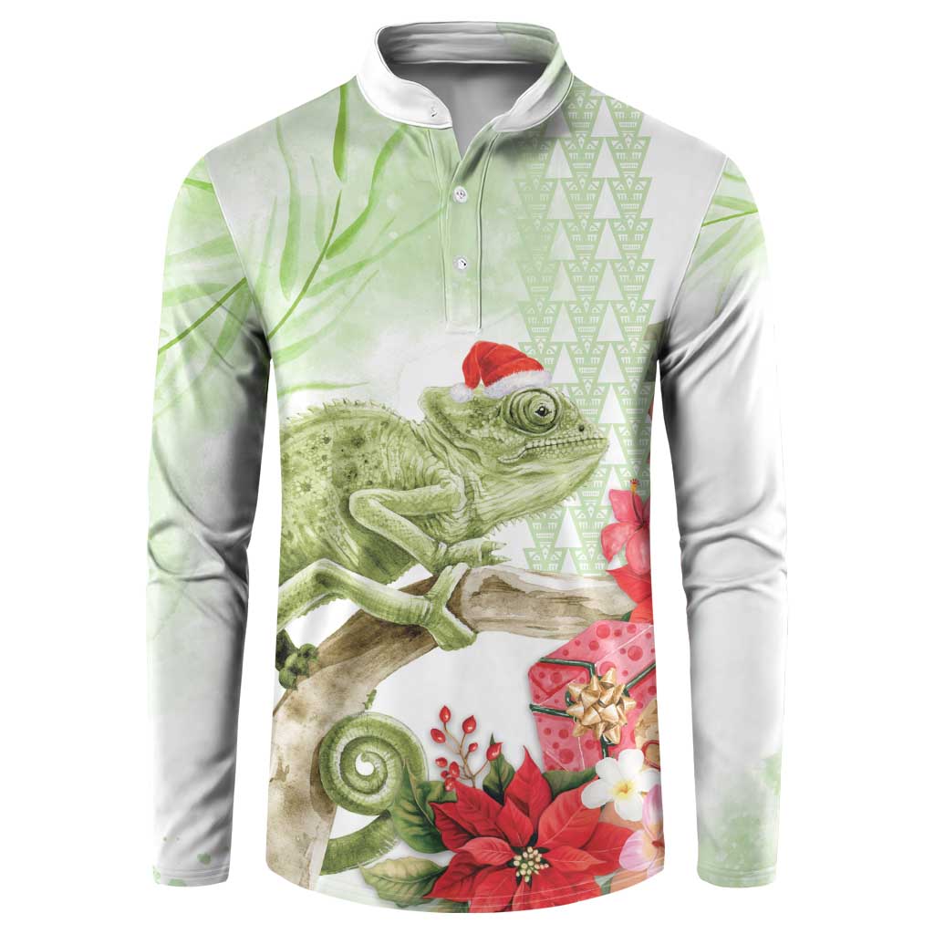 Pastel Green Hawaii Chameleon Christmas Button Sweatshirt Mele Kalikimaka Kakau - Watercolor