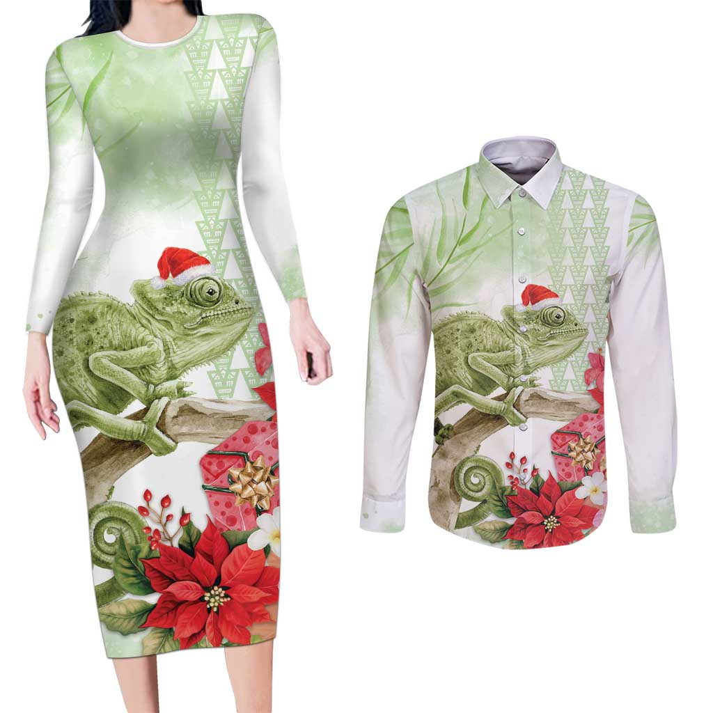 Pastel Green Hawaii Chameleon Christmas Couples Matching Long Sleeve Bodycon Dress and Long Sleeve Button Shirt Mele Kalikimaka Kakau - Watercolor