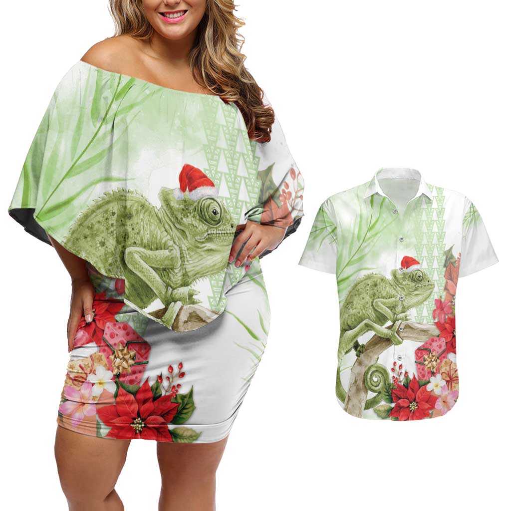 Pastel Green Hawaii Chameleon Christmas Couples Matching Off Shoulder Short Dress and Hawaiian Shirt Mele Kalikimaka Kakau - Watercolor