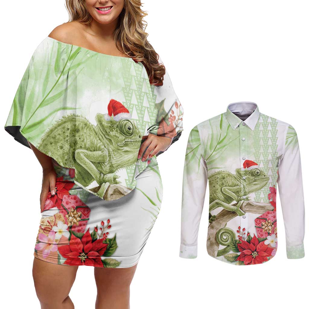 Pastel Green Hawaii Chameleon Christmas Couples Matching Off Shoulder Short Dress and Long Sleeve Button Shirt Mele Kalikimaka Kakau - Watercolor