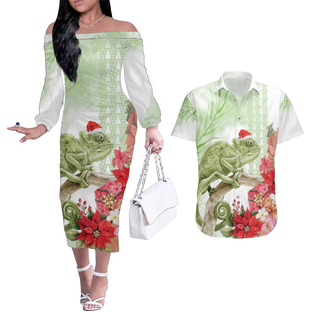 Pastel Green Hawaii Chameleon Christmas Couples Matching Off The Shoulder Long Sleeve Dress and Hawaiian Shirt Mele Kalikimaka Kakau - Watercolor