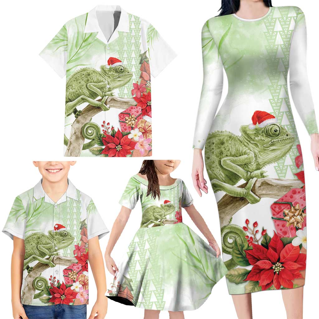 Pastel Green Hawaii Chameleon Christmas Family Matching Long Sleeve Bodycon Dress and Hawaiian Shirt Mele Kalikimaka Kakau - Watercolor