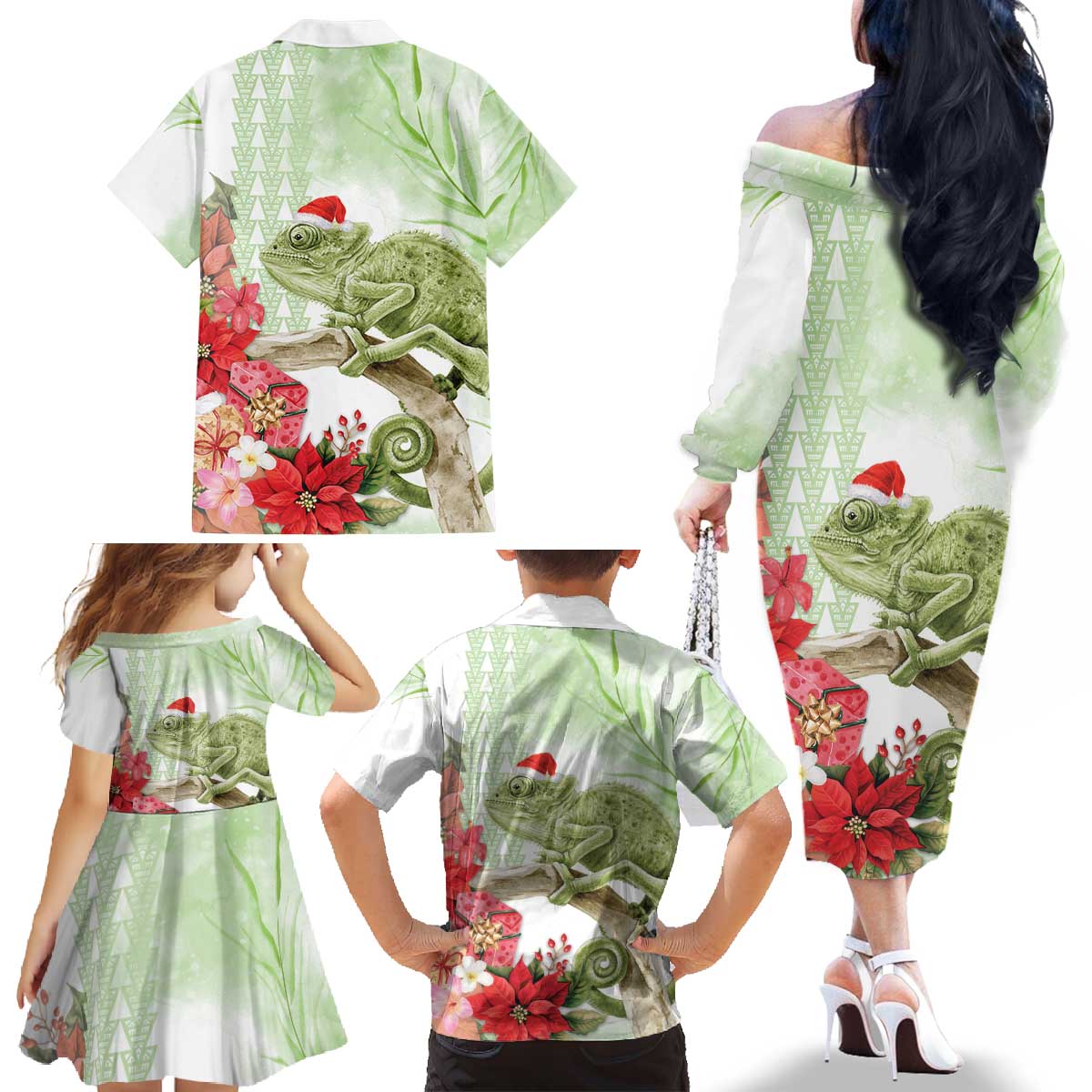 Pastel Green Hawaii Chameleon Christmas Family Matching Off The Shoulder Long Sleeve Dress and Hawaiian Shirt Mele Kalikimaka Kakau - Watercolor