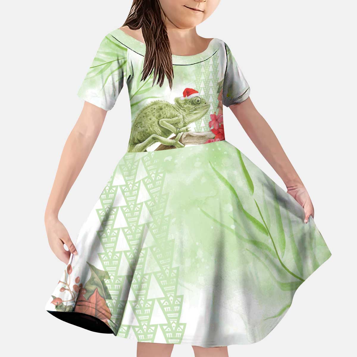 Pastel Green Hawaii Chameleon Christmas Kid Short Sleeve Dress Mele Kalikimaka Kakau - Watercolor