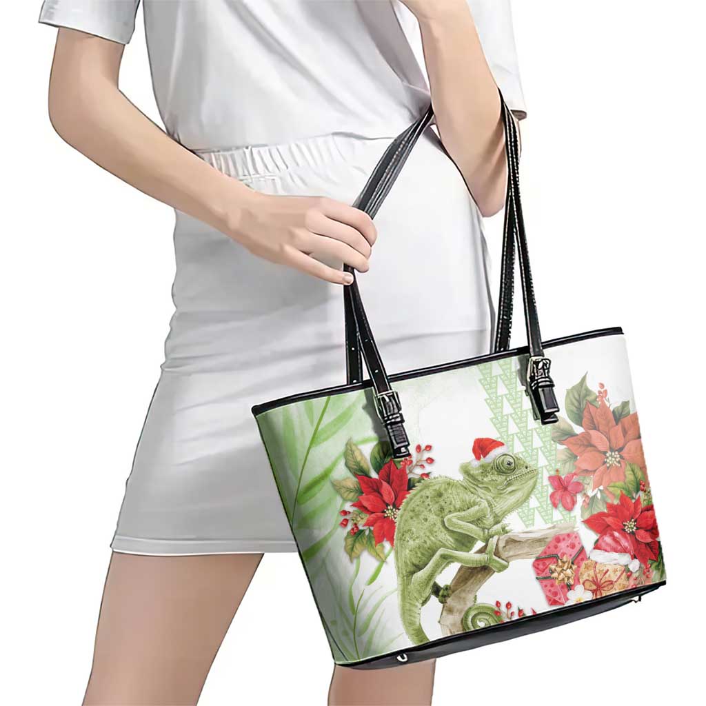 Pastel Green Hawaii Chameleon Christmas Leather Tote Bag Mele Kalikimaka Kakau - Watercolor