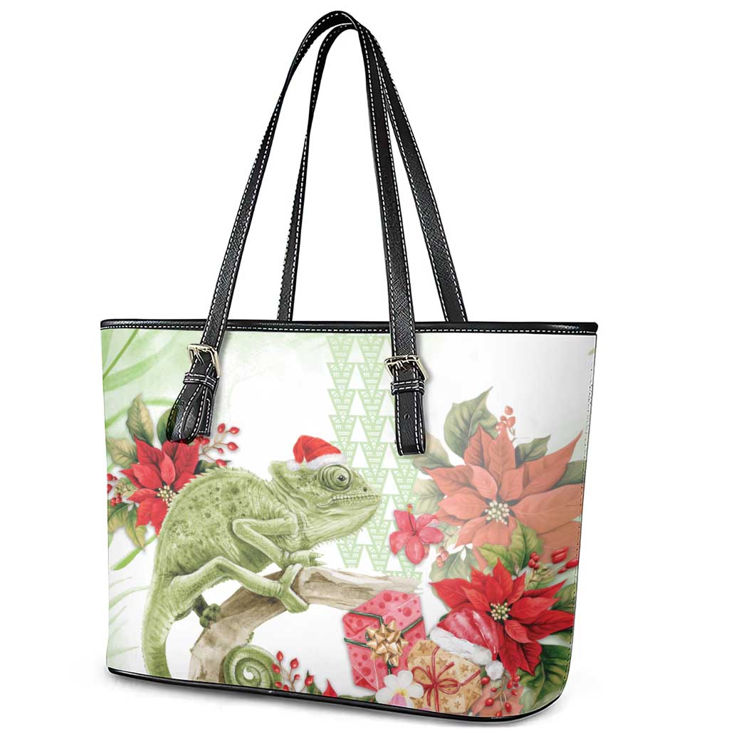 Pastel Green Hawaii Chameleon Christmas Leather Tote Bag Mele Kalikimaka Kakau - Watercolor