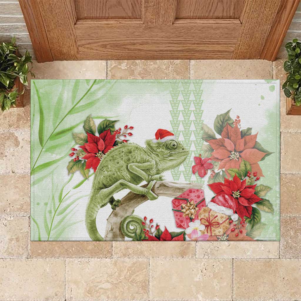 Pastel Green Hawaii Chameleon Christmas Rubber Doormat Mele Kalikimaka Kakau - Watercolor