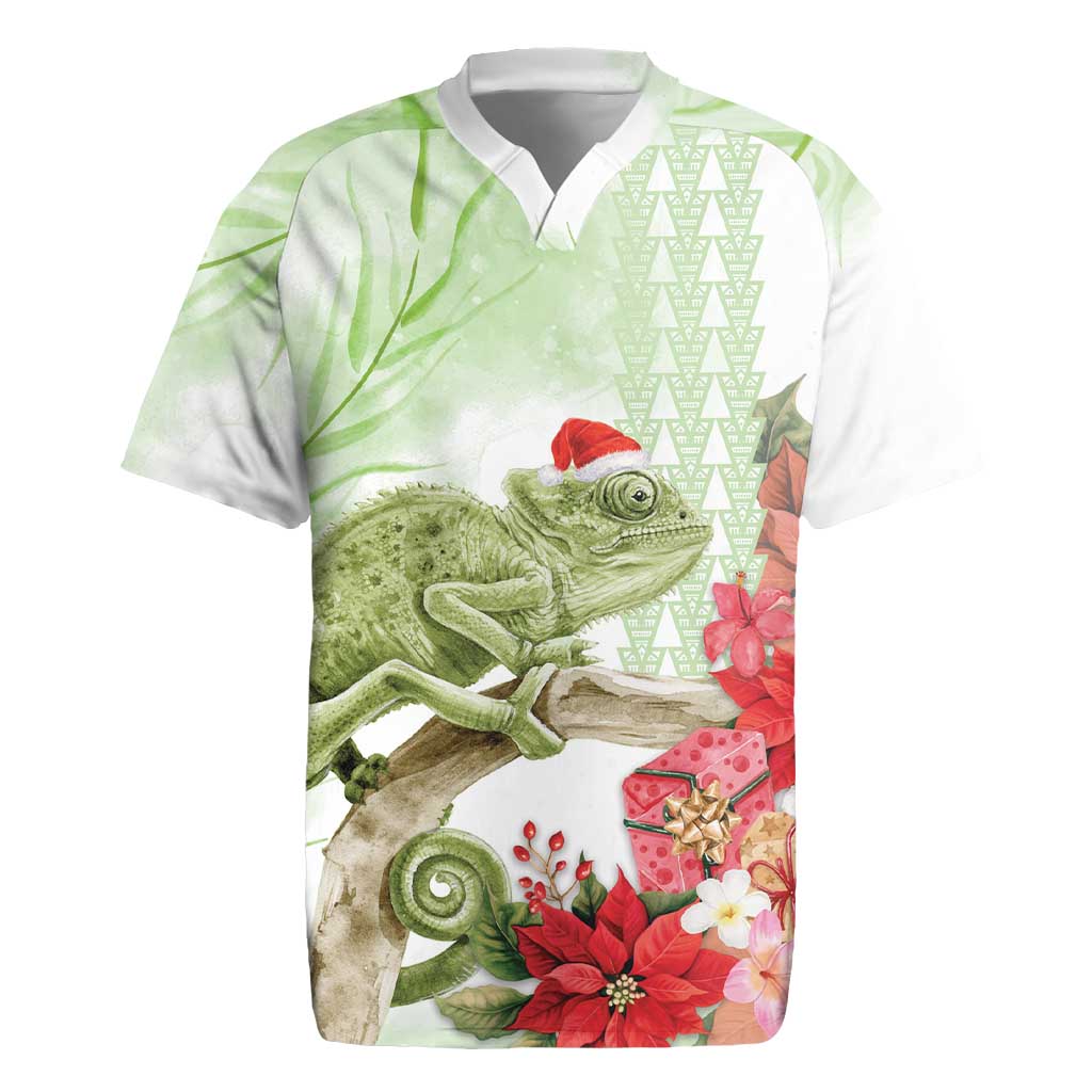 Pastel Green Hawaii Chameleon Christmas Rugby Jersey Mele Kalikimaka Kakau - Watercolor