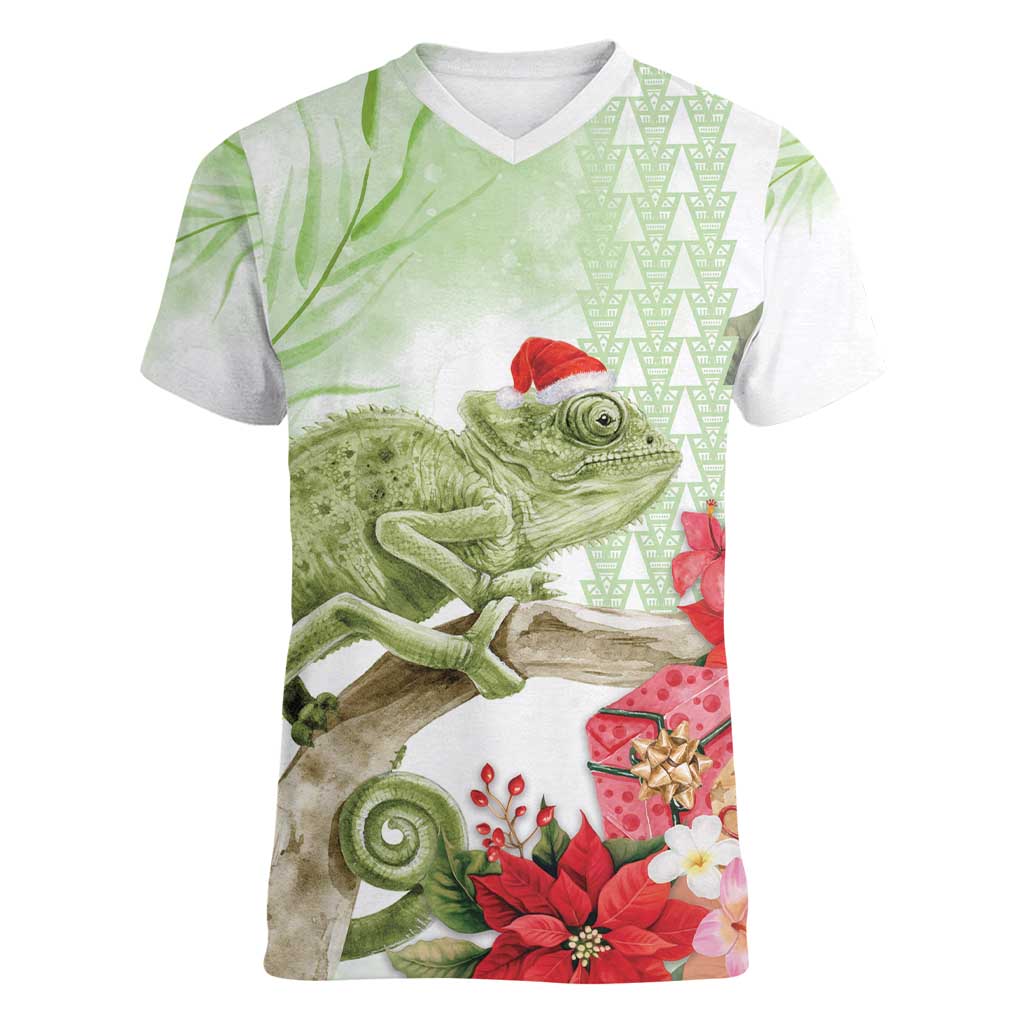 Pastel Green Hawaii Chameleon Christmas Women V-Neck T-Shirt Mele Kalikimaka Kakau - Watercolor