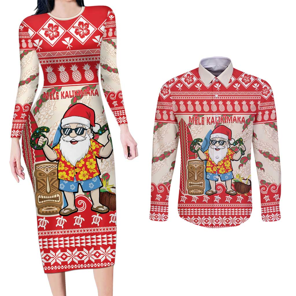 Hawaii Christmas Six Seven Couples Matching Long Sleeve Bodycon Dress and Long Sleeve Button Shirt Mele Kalikimaka Funny Santa 67 Gen Alpha Slang - Polynesian Pride