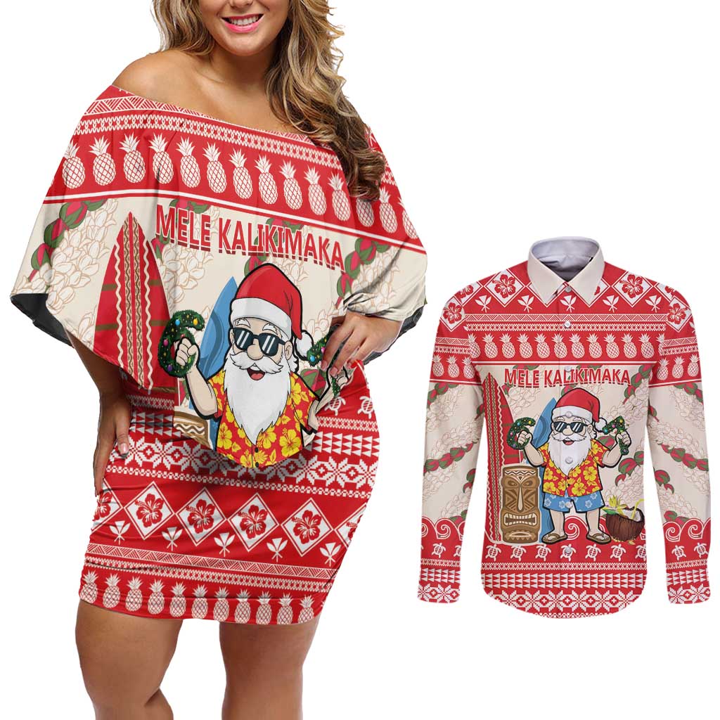 Hawaii Christmas Six Seven Couples Matching Off Shoulder Short Dress and Long Sleeve Button Shirt Mele Kalikimaka Funny Santa 67 Gen Alpha Slang - Polynesian Pride