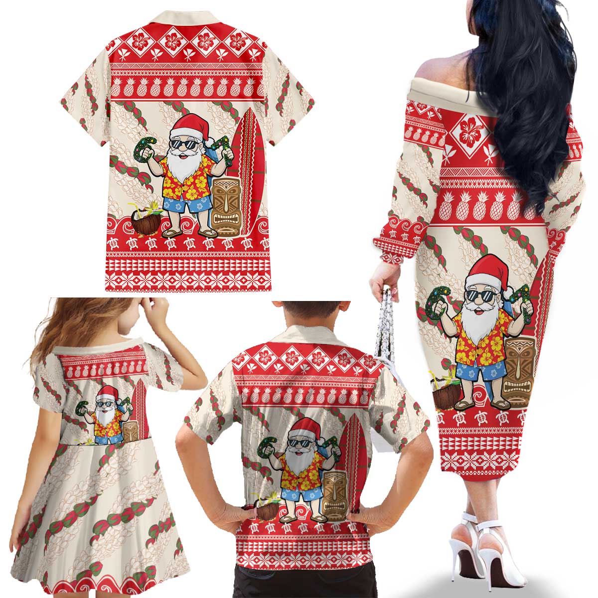 Hawaii Christmas Six Seven Family Matching Off The Shoulder Long Sleeve Dress and Hawaiian Shirt Mele Kalikimaka Funny Santa 67 Gen Alpha Slang - Polynesian Pride