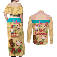 Aloha Hawaii Mele Kalikimaka Couples Matching Off Shoulder Maxi Dress and Long Sleeve Button Shirt Beachy Funny Santa Hawaiian Lei - Polynesian Pride