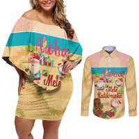 Aloha Hawaii Mele Kalikimaka Couples Matching Off Shoulder Short Dress and Long Sleeve Button Shirt Beachy Funny Santa Hawaiian Lei - Polynesian Pride