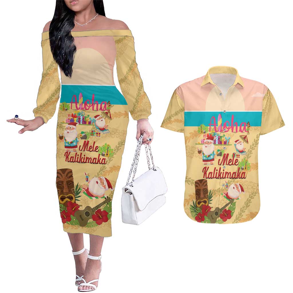 Aloha Hawaii Mele Kalikimaka Couples Matching Off The Shoulder Long Sleeve Dress and Hawaiian Shirt Beachy Funny Santa Hawaiian Lei - Polynesian Pride