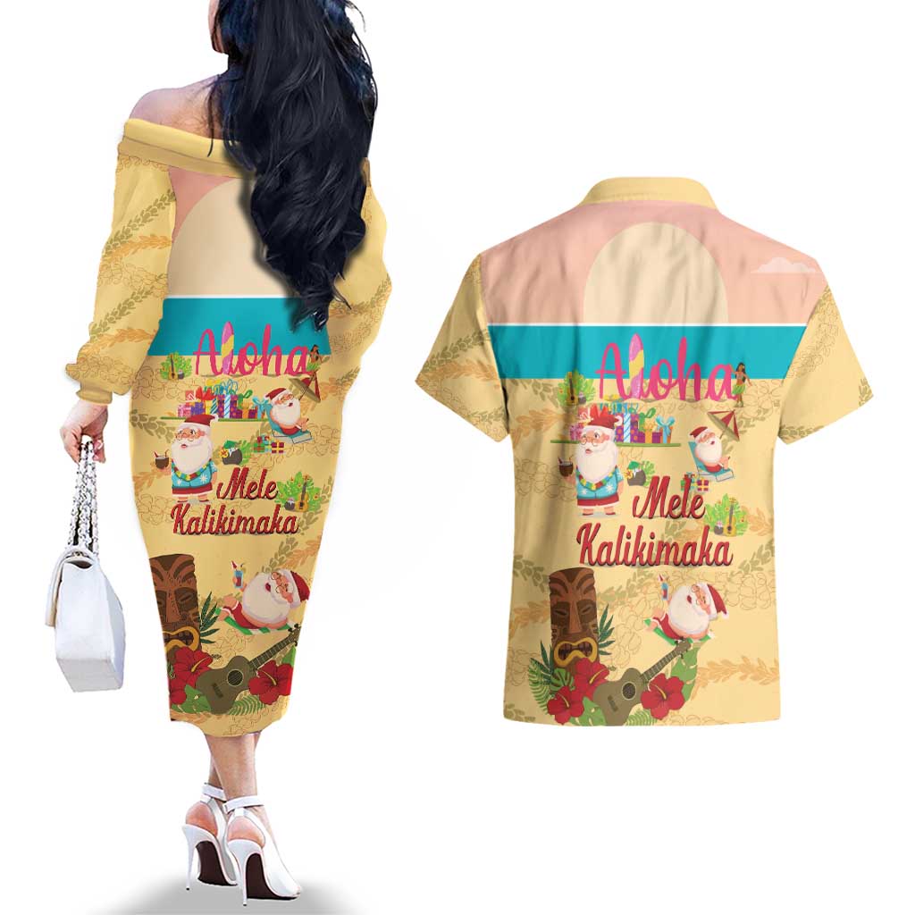 Aloha Hawaii Mele Kalikimaka Couples Matching Off The Shoulder Long Sleeve Dress and Hawaiian Shirt Beachy Funny Santa Hawaiian Lei - Polynesian Pride