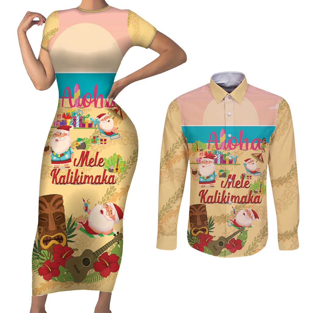 Aloha Hawaii Mele Kalikimaka Couples Matching Short Sleeve Bodycon Dress and Long Sleeve Button Shirt Beachy Funny Santa Hawaiian Lei - Polynesian Pride