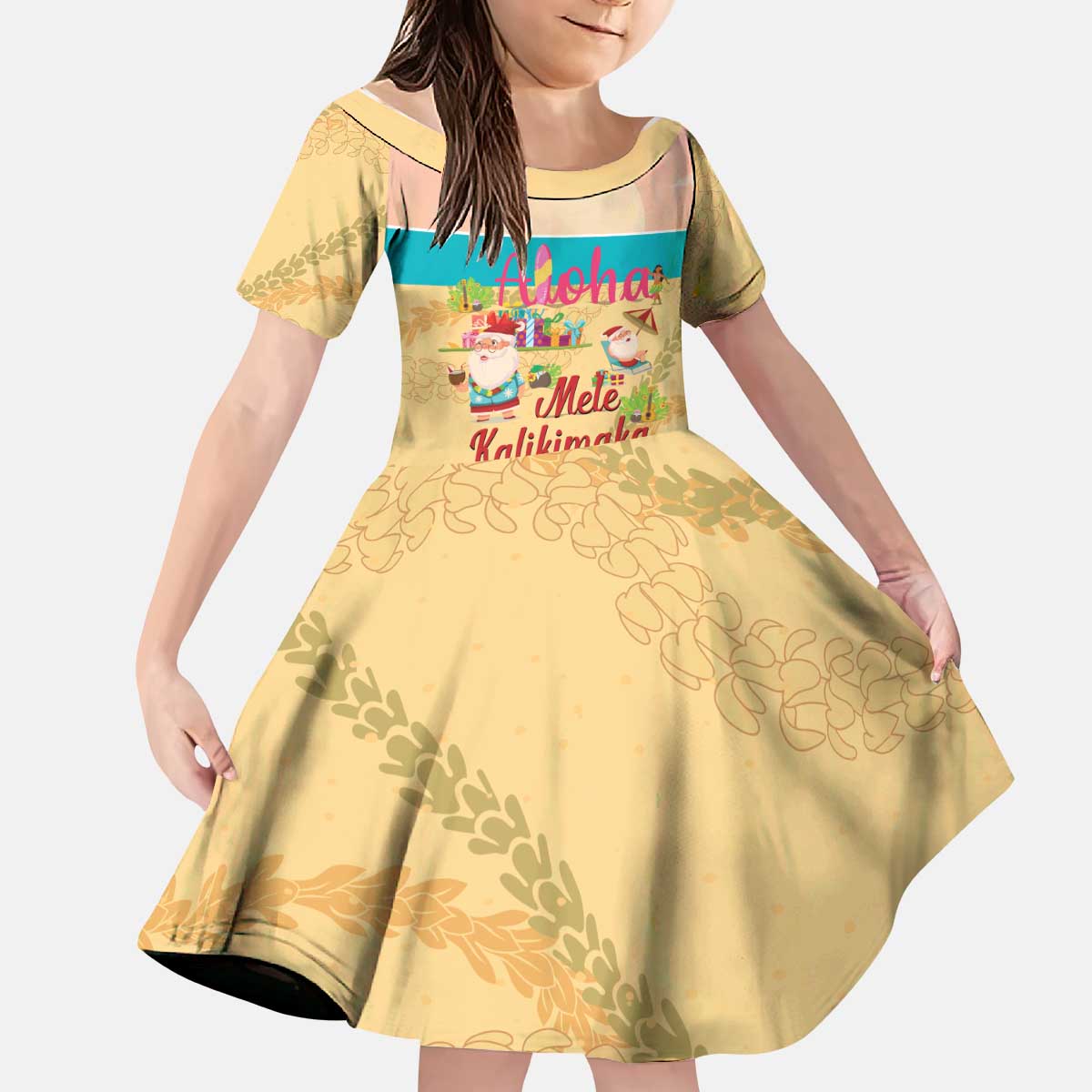 Aloha Hawaii Mele Kalikimaka Kid Short Sleeve Dress Beachy Funny Santa Hawaiian Lei - Polynesian Pride