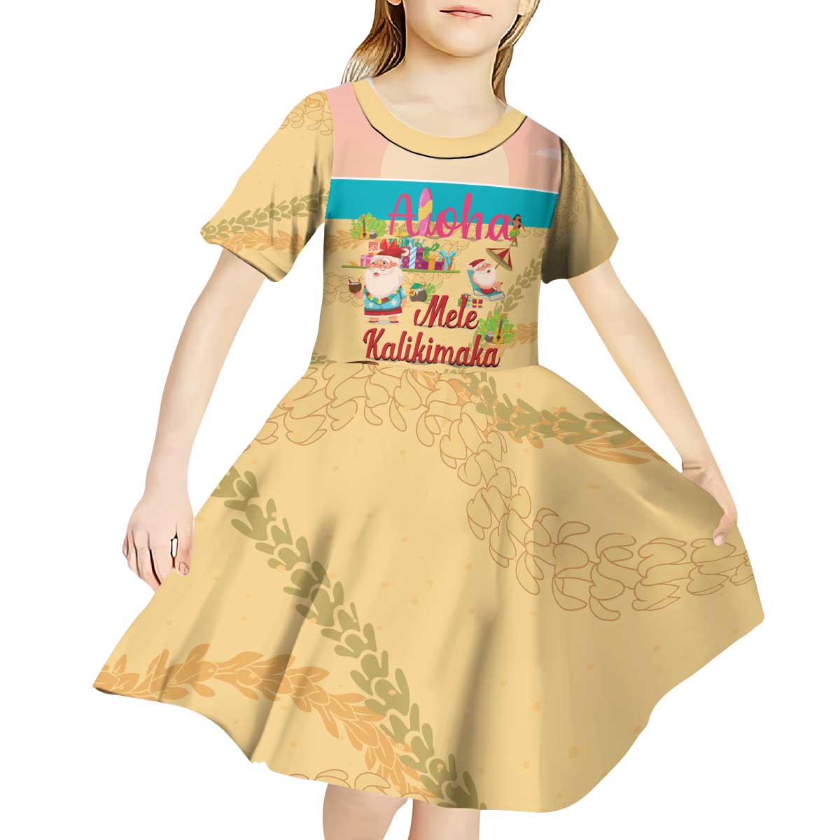 Aloha Hawaii Mele Kalikimaka Kid Short Sleeve Dress Beachy Funny Santa Hawaiian Lei - Polynesian Pride