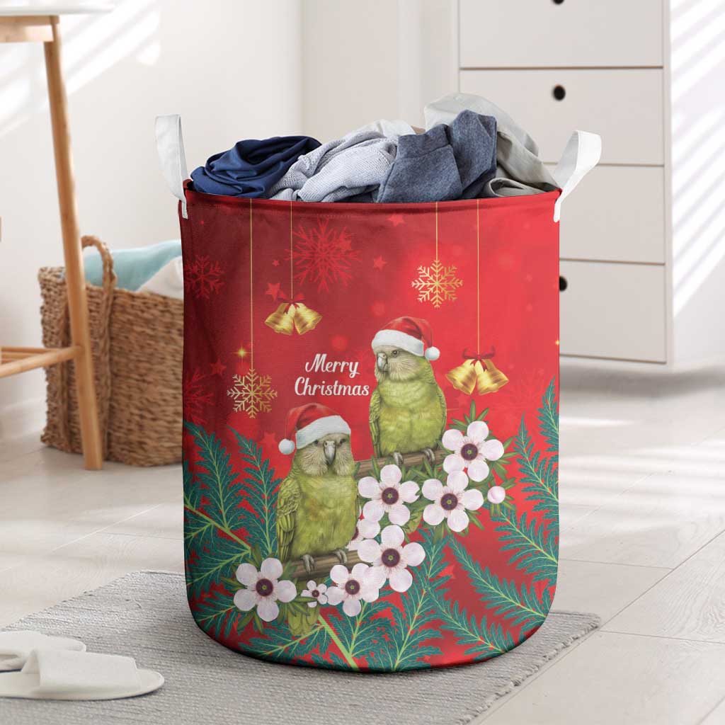 New Zealand Kakapo Christmas Laundry Basket Owl Parrot Santa Sliver Fern Manuka - Red - Polynesian Pride