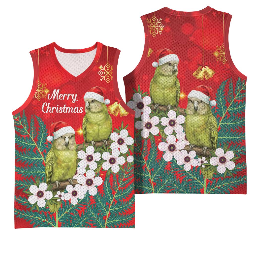 New Zealand Kakapo Christmas Basketball Jersey Owl Parrot Santa Sliver Fern Manuka - Red - Polynesian Pride