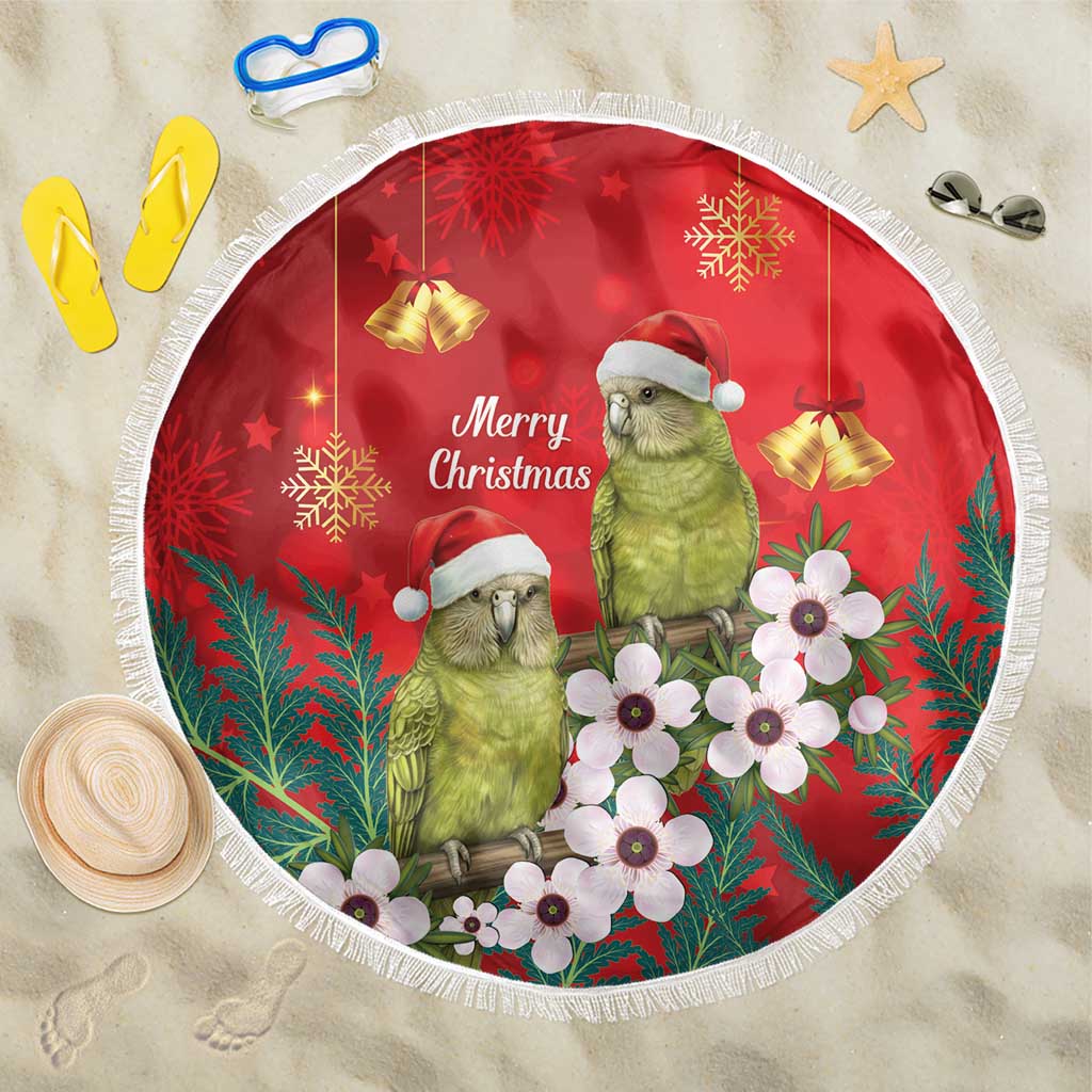 New Zealand Kakapo Christmas Beach Blanket Owl Parrot Santa Sliver Fern Manuka - Red - Polynesian Pride