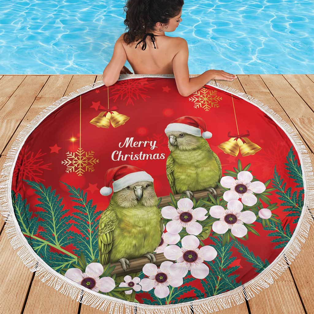 New Zealand Kakapo Christmas Beach Blanket Owl Parrot Santa Sliver Fern Manuka - Red - Polynesian Pride