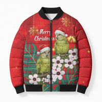 New Zealand Kakapo Christmas Bomber Puffer Jacket Owl Parrot Santa Sliver Fern Manuka - Red - Polynesian Pride