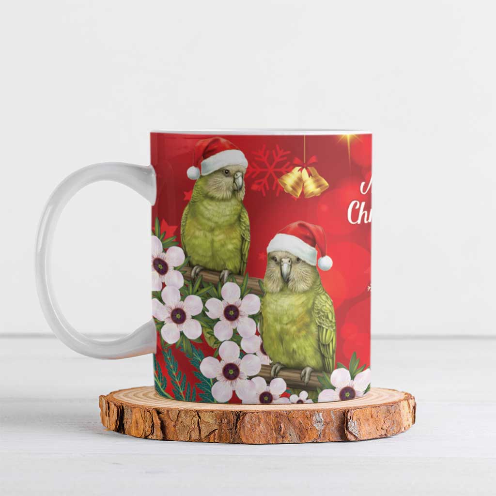 New Zealand Kakapo Christmas Ceramic Mug Owl Parrot Santa Sliver Fern Manuka - Red - Polynesian Pride