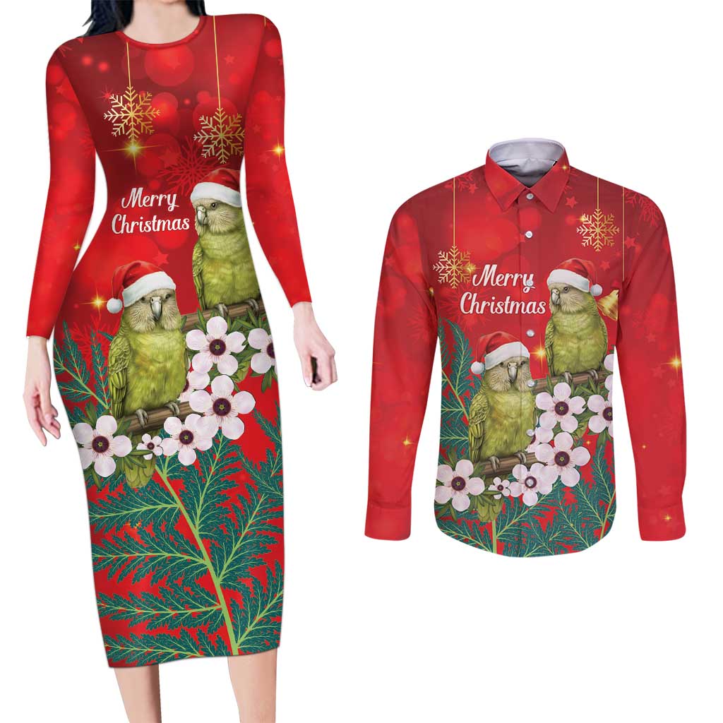 New Zealand Kakapo Christmas Couples Matching Long Sleeve Bodycon Dress and Long Sleeve Button Shirt Owl Parrot Santa Sliver Fern Manuka - Red - Polynesian Pride
