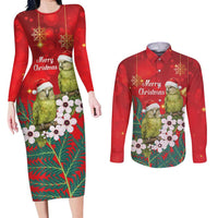 New Zealand Kakapo Christmas Couples Matching Long Sleeve Bodycon Dress and Long Sleeve Button Shirt Owl Parrot Santa Sliver Fern Manuka - Red - Polynesian Pride